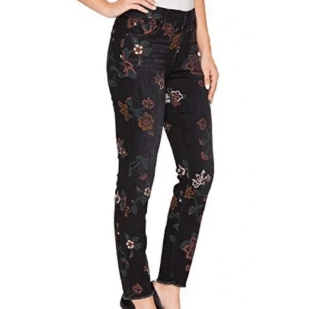 7 For All Mankind Roxanne Ankle Skinny Jeans black Floral Print Raw Hem Size 30